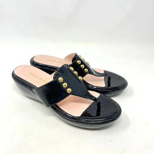 Taryn Rose Talisa Black Patent‎ Leather Thong Wedge Sandal Size US 6